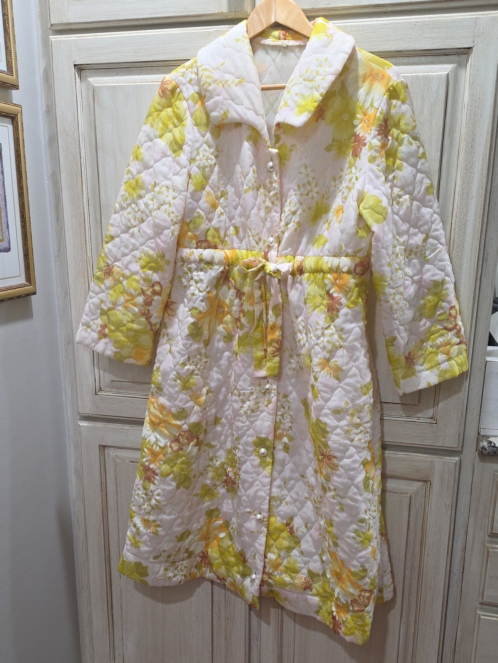 Vintage 1960's Floral Quilted Belted Coatigan in Pastel Yellow & Peach - Picture 1 of 15
